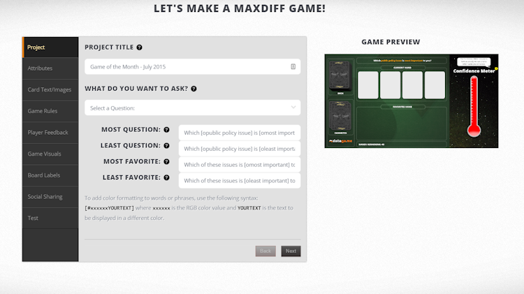 Datagame screenshot: Configuration wizard for MaxDiff Rankifier game