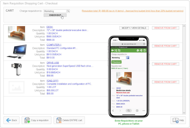 SpendMap screenshot: SpendMap shopping cart requisition