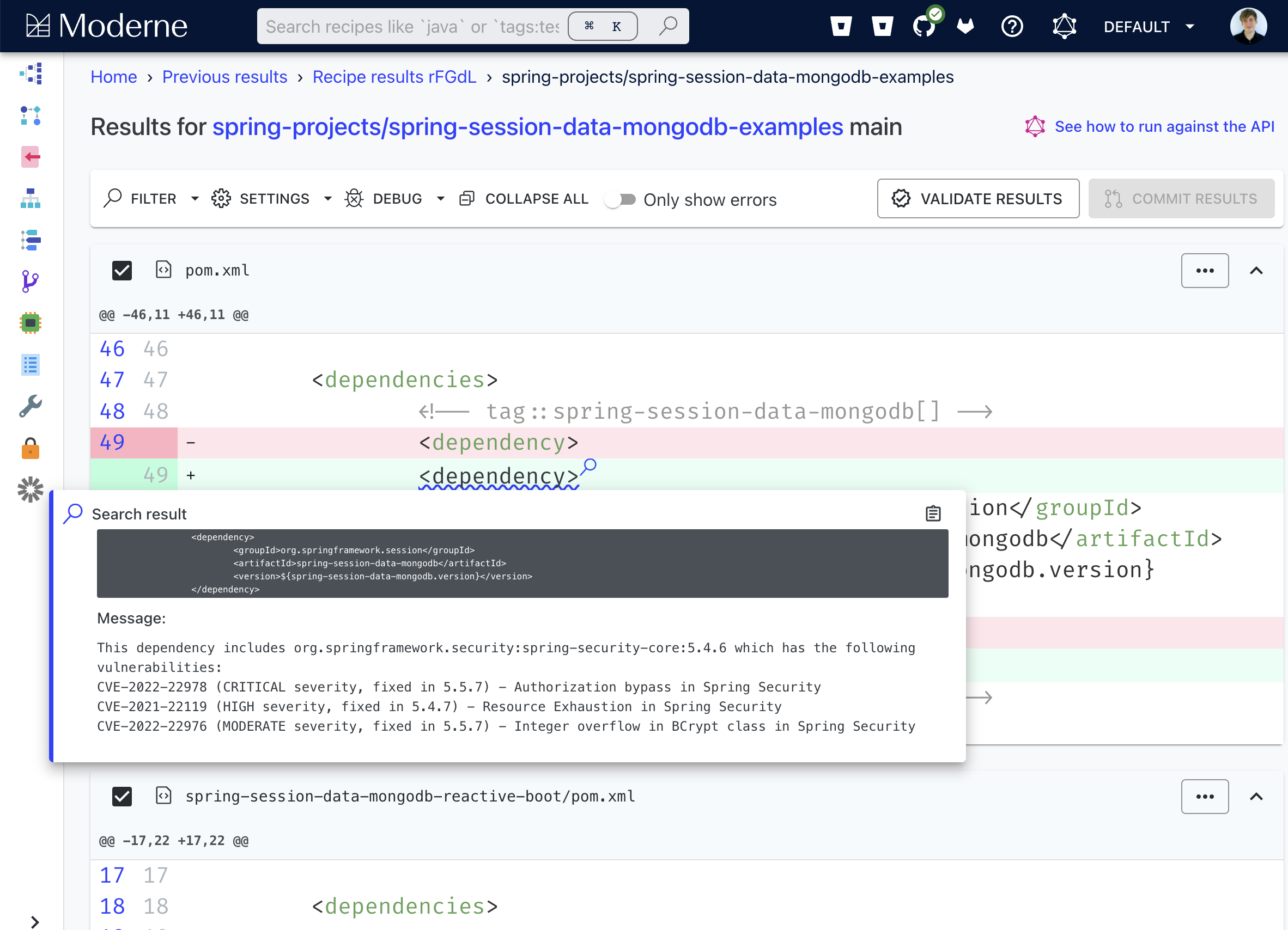 Moderne screenshot: Moderne search result