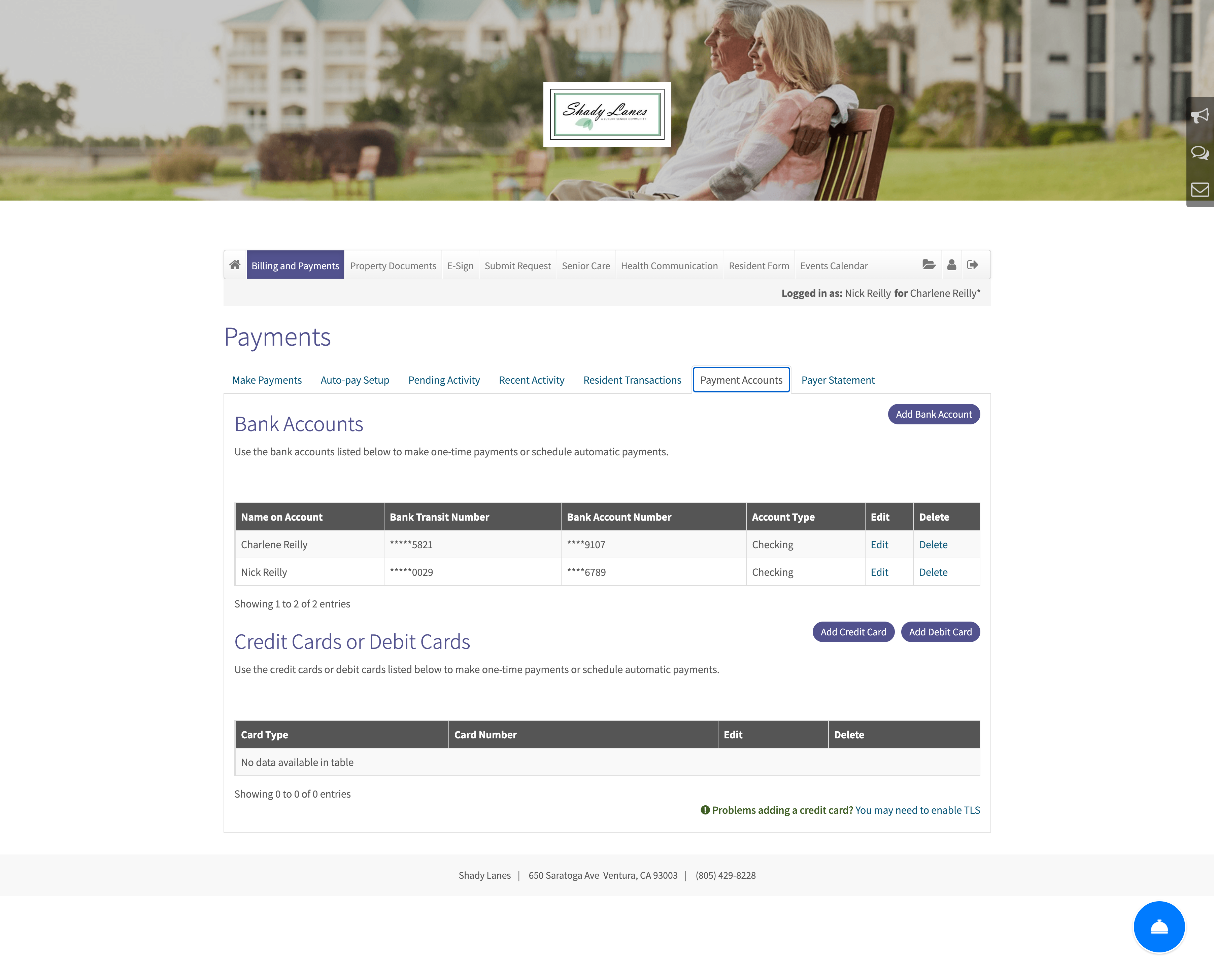 RentCafe Senior Living Portal-Payment Accounts