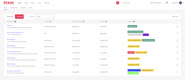 Pixie screenshot: Deadline and workflow management