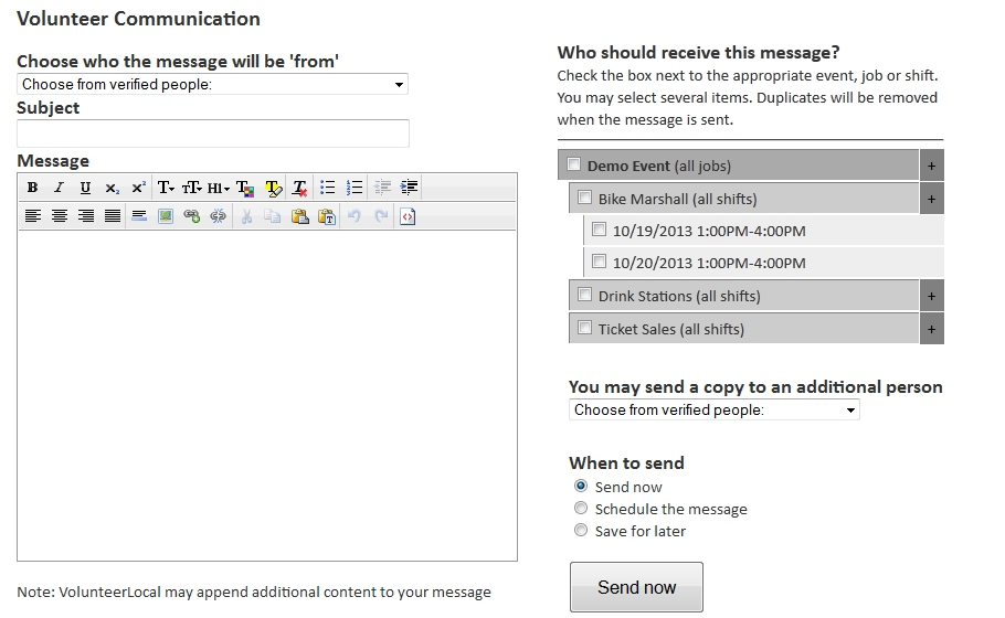 VolunteerLocal Software - Communication feature lets you send an email to everyone or a select group