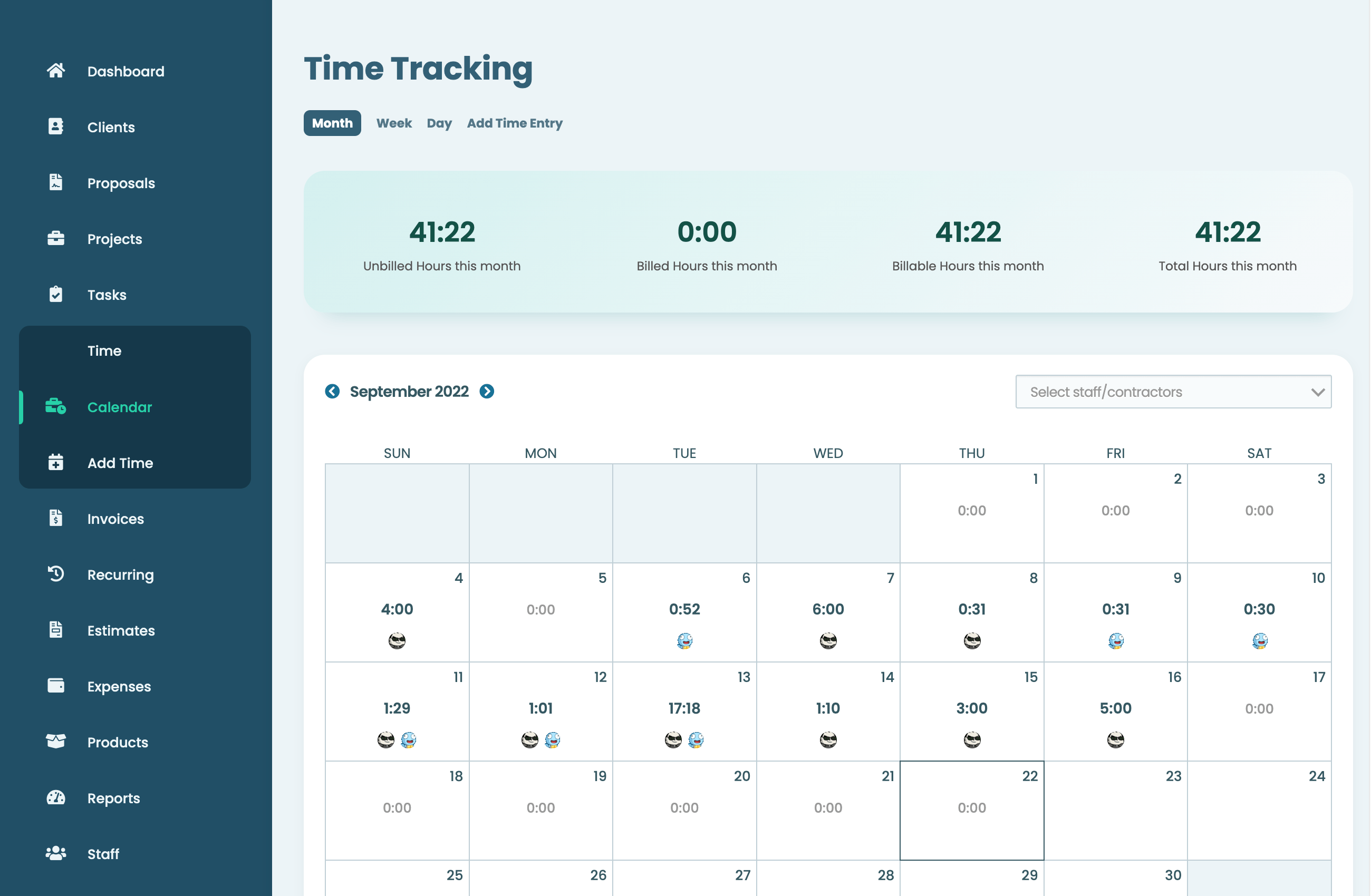 Bulk time entry via daily, weekly, or monthly views