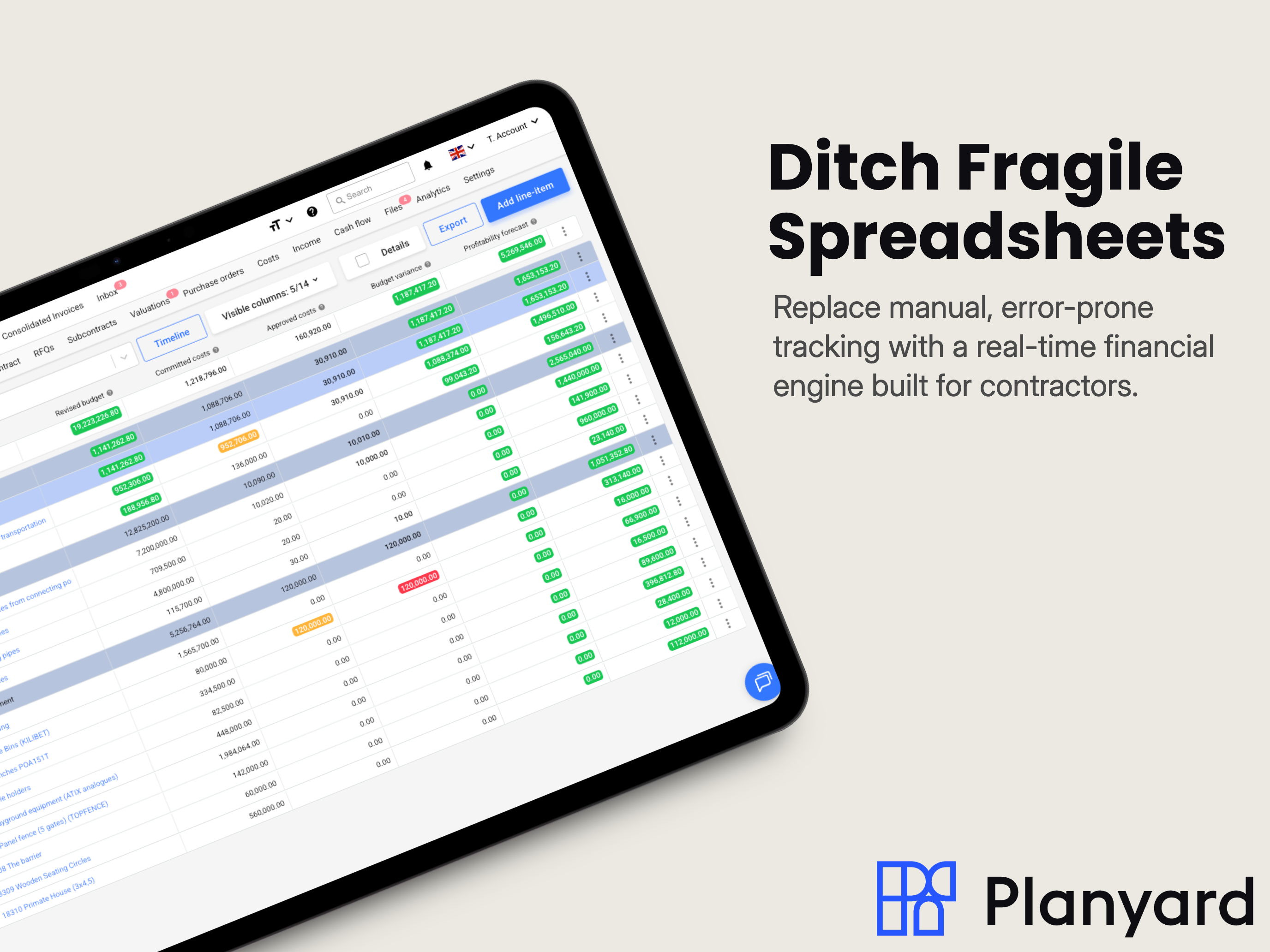 Planyard Software - Planyard construction software - project budget dashboard displaying all of the data for each line item - estimated cost, projected end cost, committed cost, approved costs, and profitability forecast.