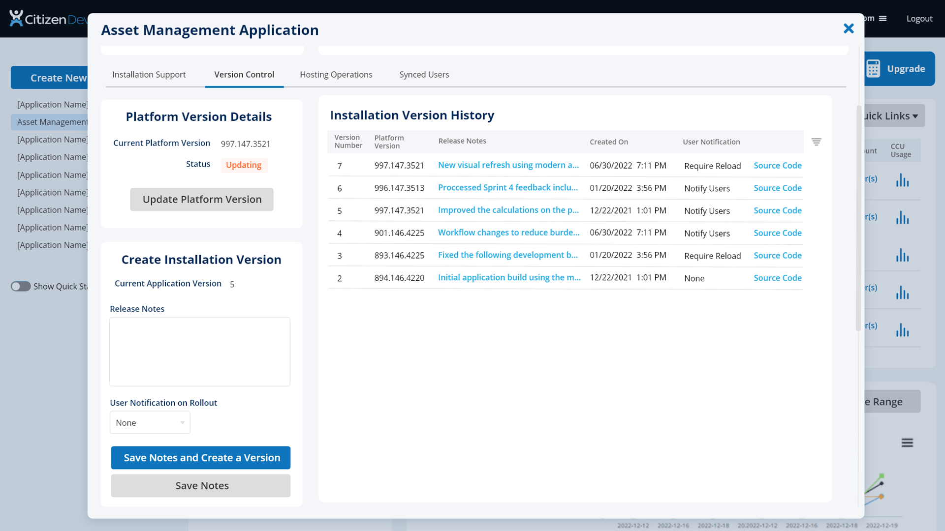CitizenDeveloper screenshot: Screenshot of how to manage your application Version Control using tools like Platform Version Details, Create Installation Versions, Installation Version History, without on the CitizenDeveloper platform.