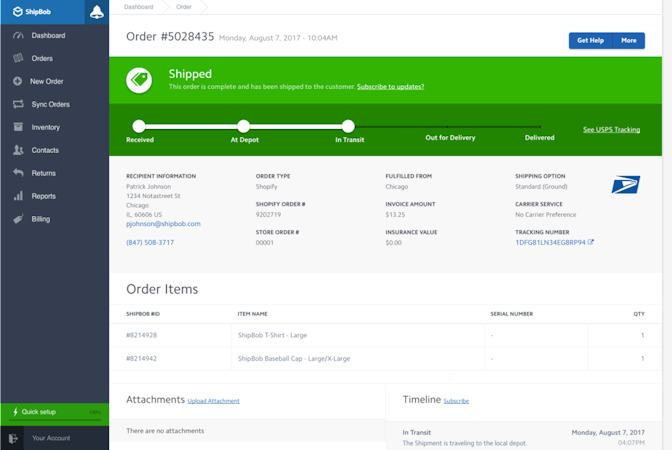 ShipBob screenshot: Manage orders directly from within ShipBob and see the live status at any time including tracking progress