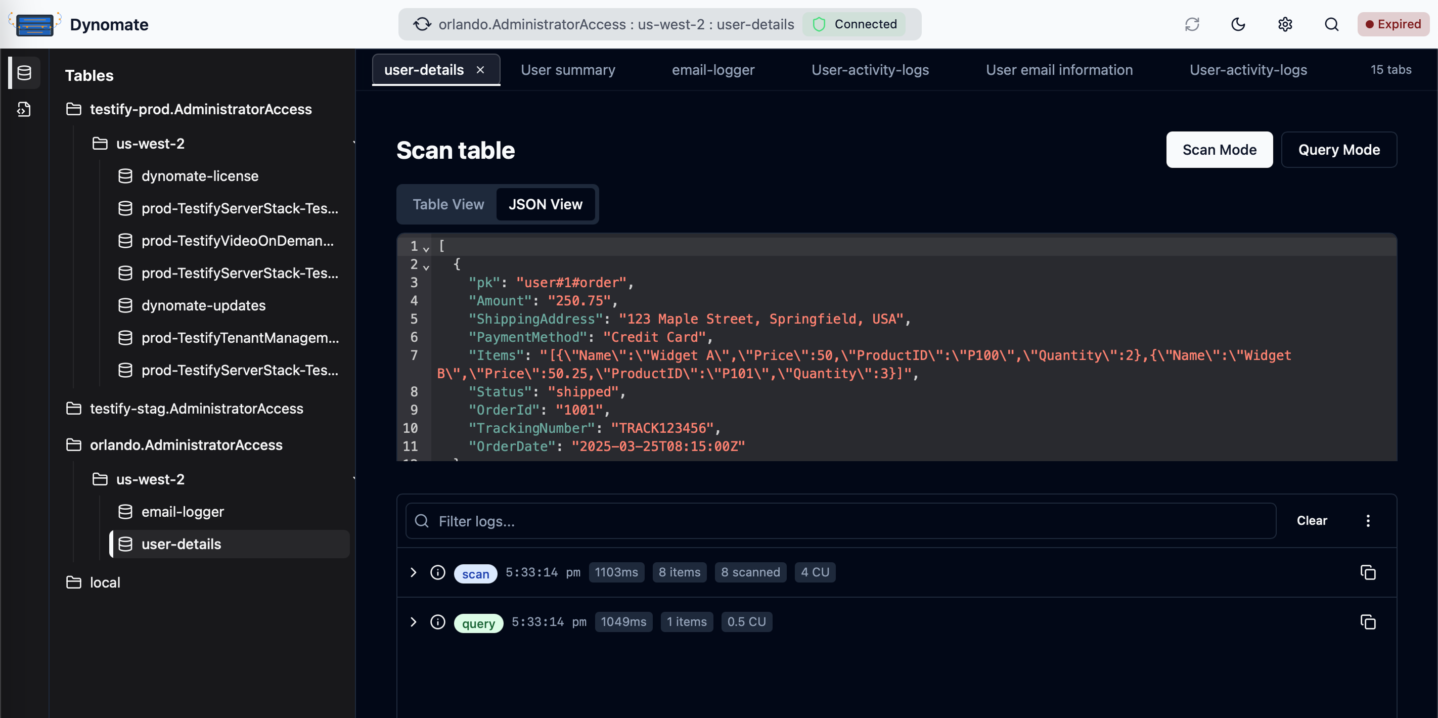 Dynomate screenshot: Dynomate Table in JSON view