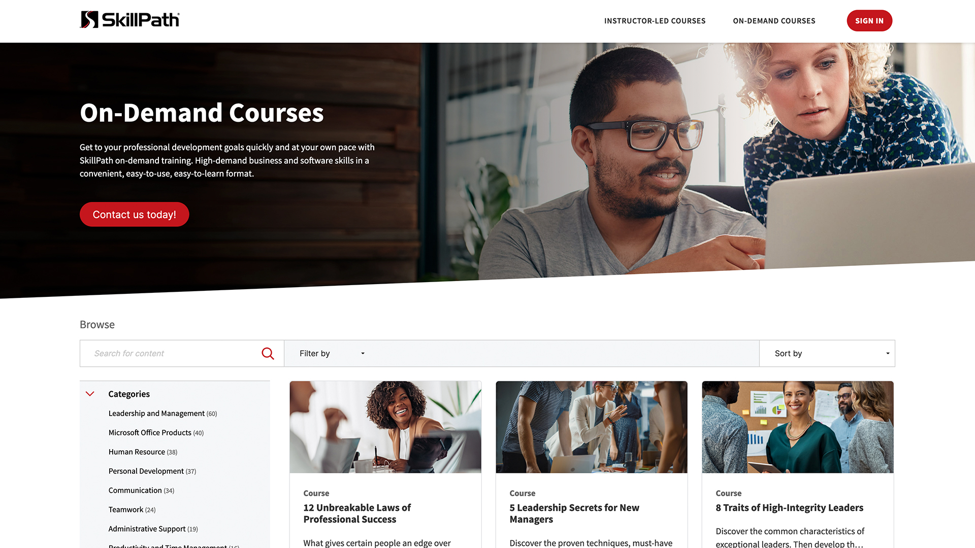 SkillPath screenshot: At your fingertips ― high-quality on-demand courses featuring a wide range of popular business training topics conceived, created and regularly updated by in-house instructional design experts.