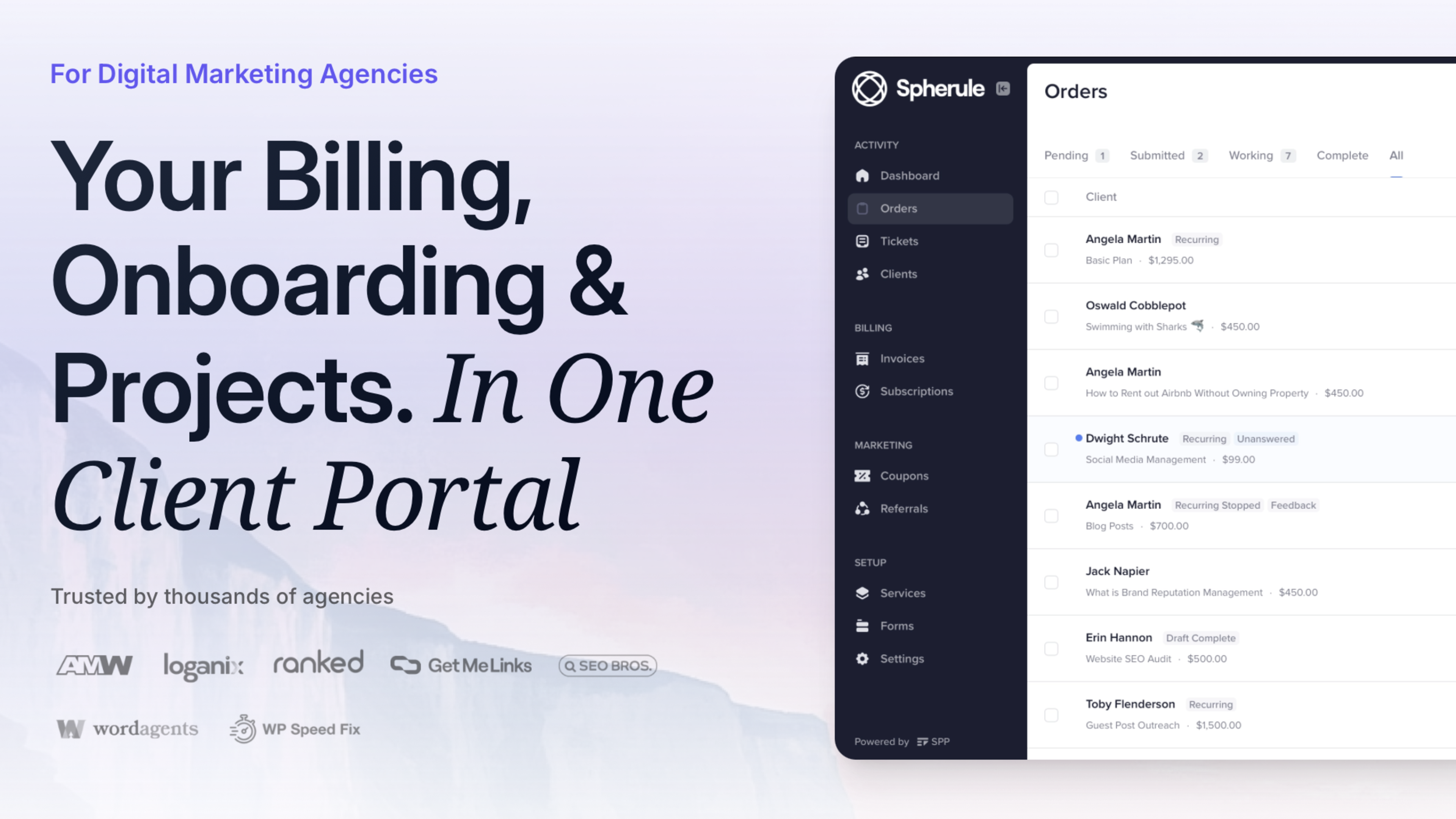 SPP.co screenshot: Transform agency chaos into organized client experiences and recurring revenue.