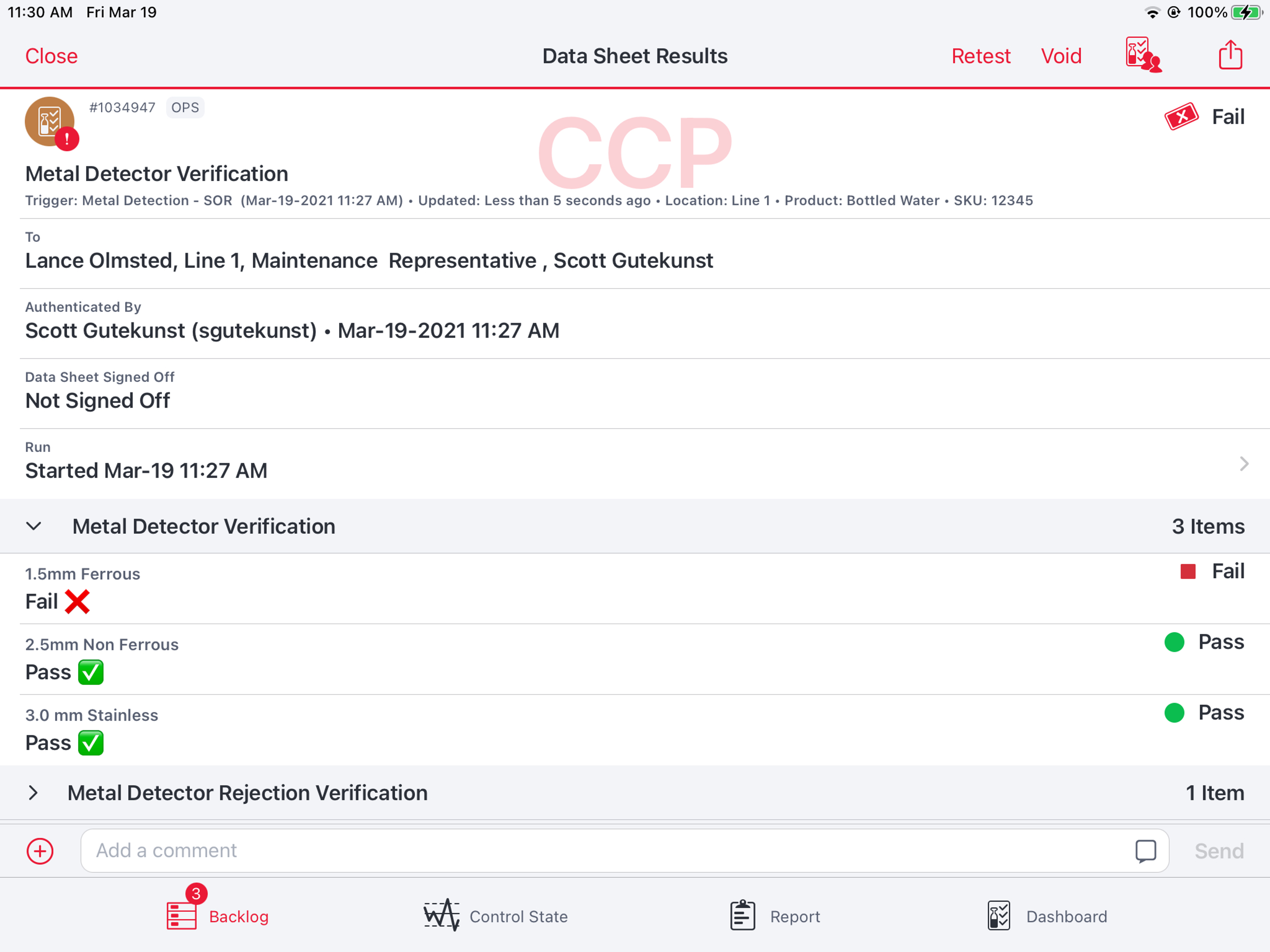 Example of a typical CCP data sheet results of a metal detector verification. Note the comment section to clearly articulate any issues or observations.-thumb