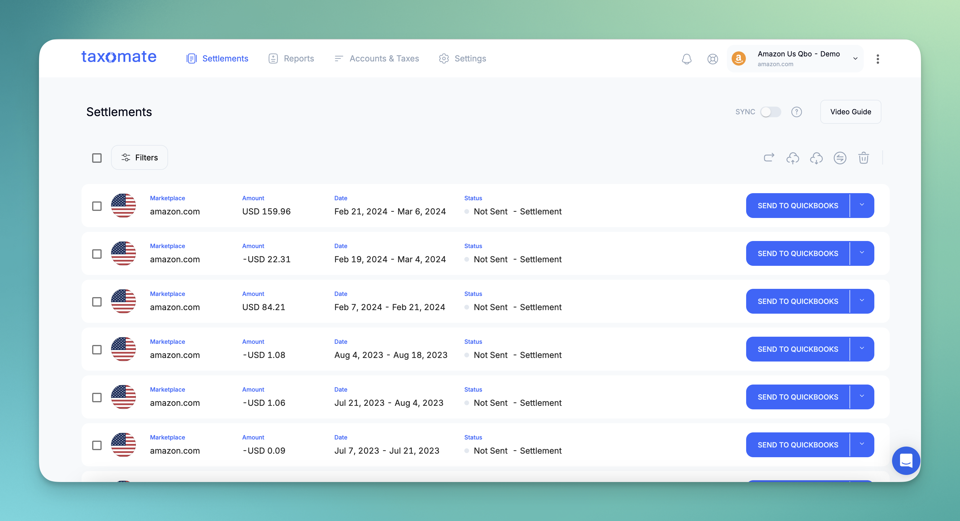 taxomate screenshot: Taxomate Settlement Dashboard