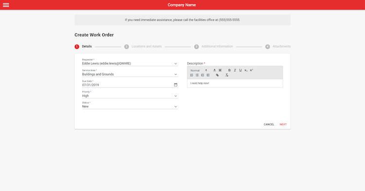 Q Ware CMMS screenshot: Customizable Work Request Form