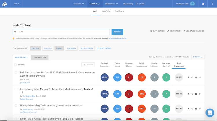 BuzzSumo screenshot: Content Analyzer - Assess content across the web by searching for keywords or domains. See social engagements metrics from Facebook, Twitter, Pinterest and Reddit. Also view the content's evergreen score and backlinks, and choose to export to CSV. 