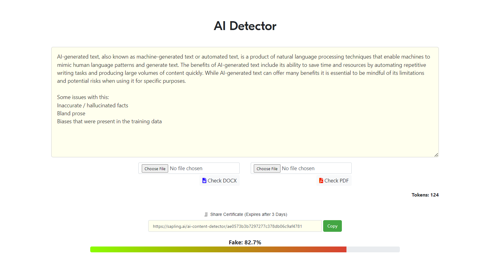 Sapling screenshot: Sapling AI detector