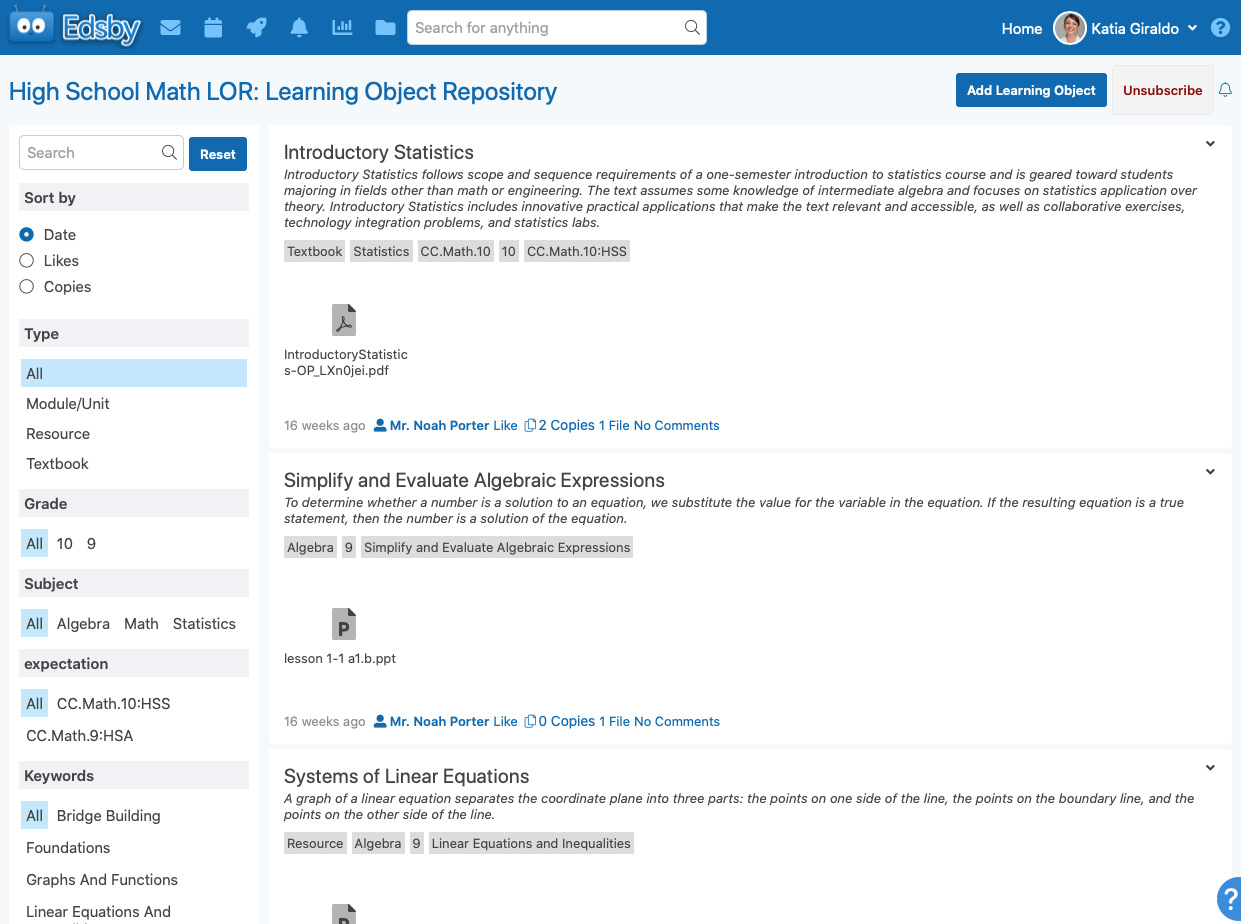 A searchable learning object repository for teachers in the Edsby digital learning platform