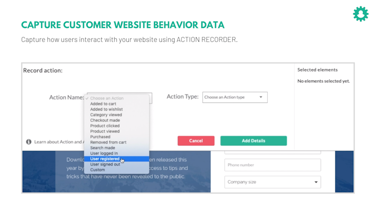 CustomerLabs CDP screenshot: Capture website visitor behavior using Action Recorder