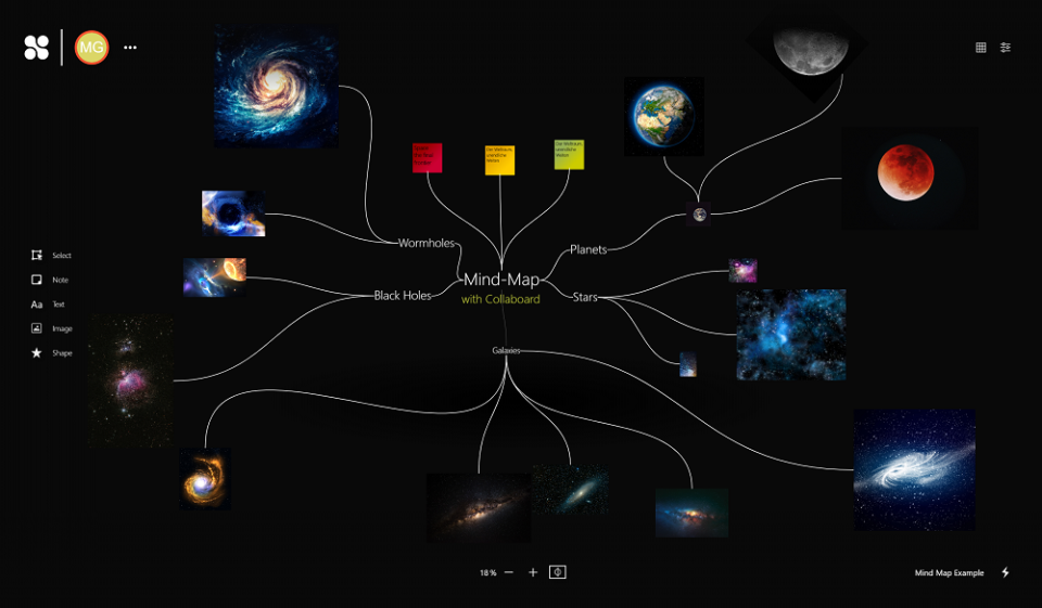 Create mind maps: Insert note cards, text, and shapes, upload images, documents, videos, and connect them. Teams can easily and creatively develop mind maps together on one board and in real-time.-thumb