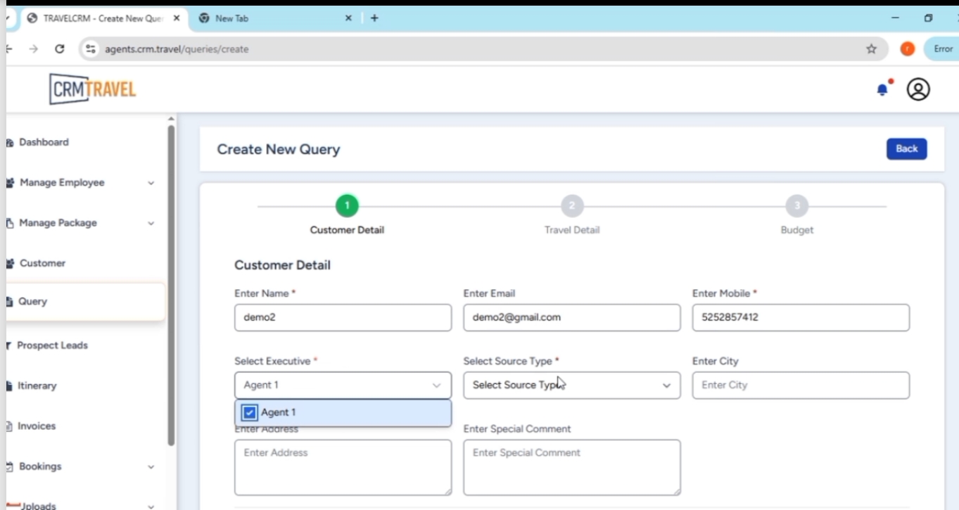 CRM.TRAVEL screenshot: CRM.TRAVEL create new query