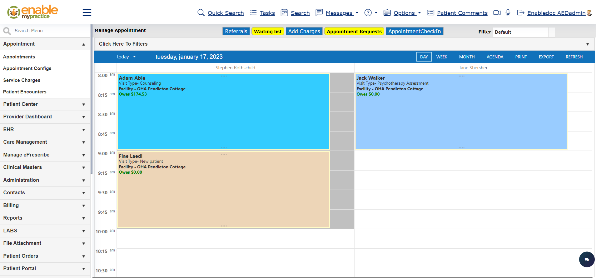 Enablemypractice Software - Centralized Calendar for providers, groups, and services. Take payments, enter charges, document clinical encounters, order prescriptions, order labs, and administer immunizations or medications all the calendar. Calendar views and colors are all custom .