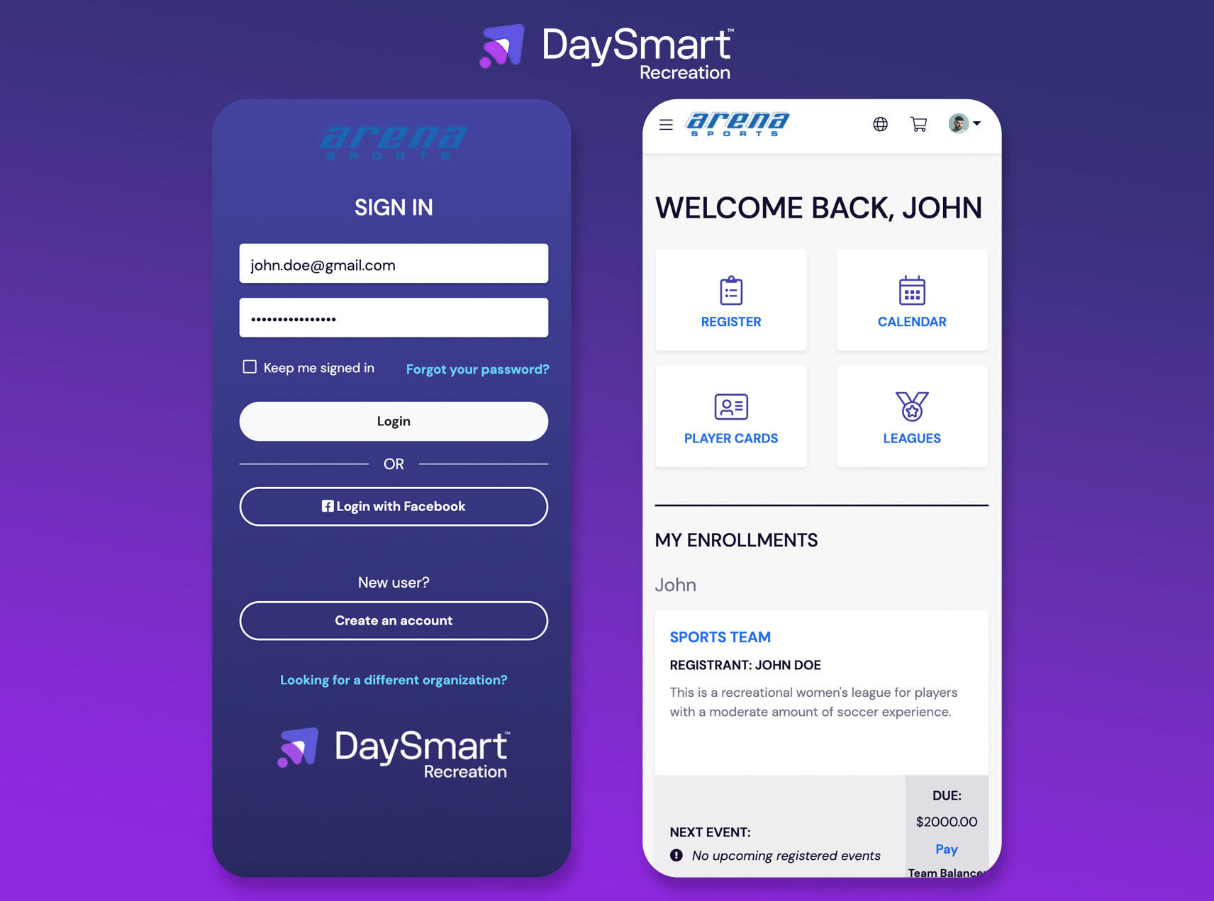 Dash screenshot: 
DaySmart Recreation sign in page