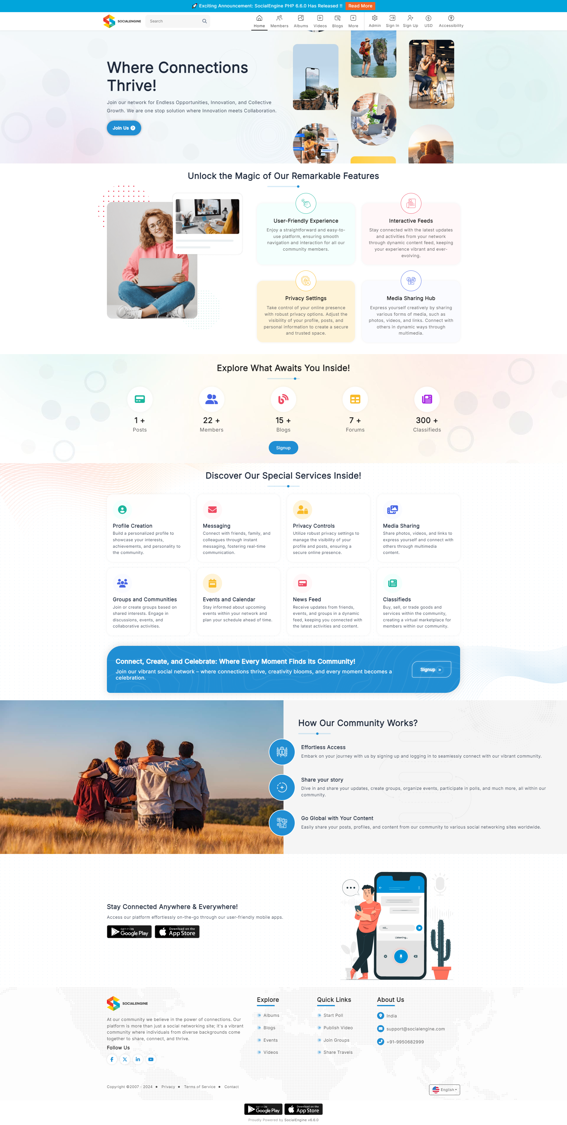 SocialEngine screenshot: This image showcases the homepage of a SocialEngine community platform, highlighting its features, services, and user engagement opportunities.