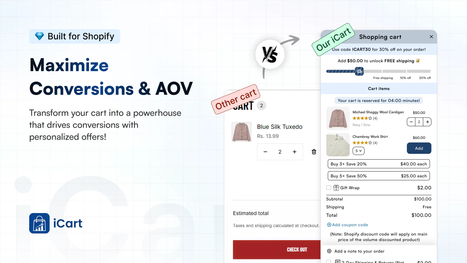 iCart screenshot: iCart personalized upsell and cross-sell offers