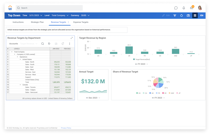 Workday Adaptive Planning screenshot: Workday Adaptive Planning revenue targets