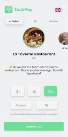 TackPay screenshot: TackPay restaurant tip jar (example) for direct tipping or pooling. With shared jar every team member join the tip jar and receive tips instantly