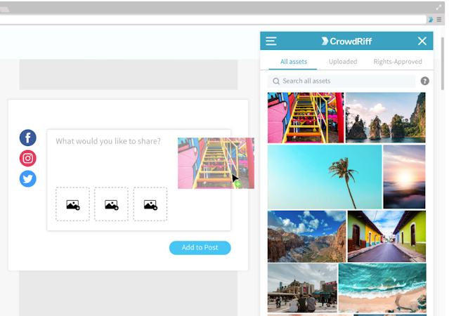 CrowdRiff screenshot: Search images in the content library, then drag and drop them into place