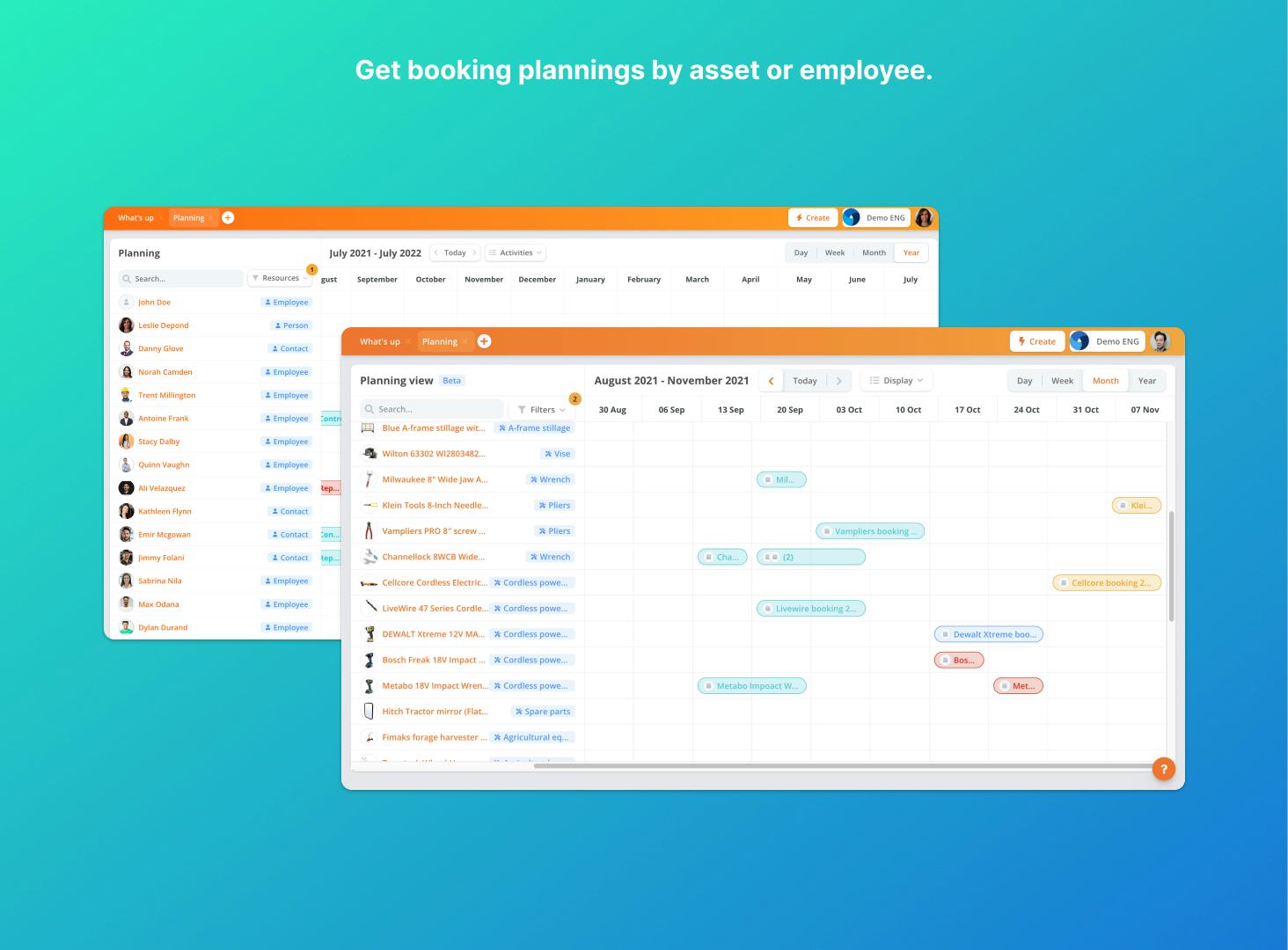 Bulbthings Software - Get booking plannings by asset or employee.