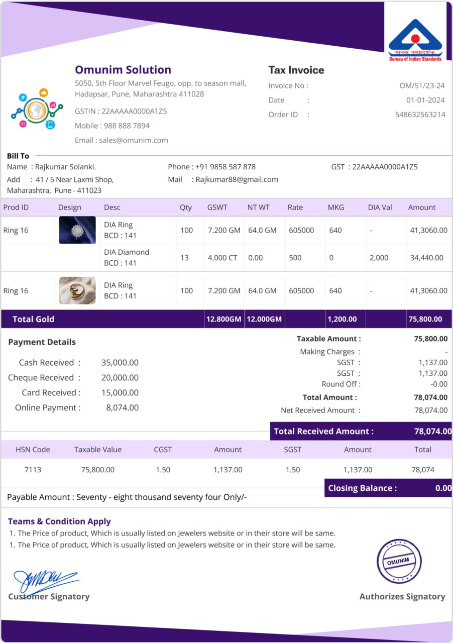 Online Munim screenshot: Online Munim Jewellery Billing Software is a powerful, easy-to-use solution designed exclusively for jewellers to manage their billing, stock, accounts, and customer data all in one place. Whether you run a retail showroom or a wholesale jewellery busines