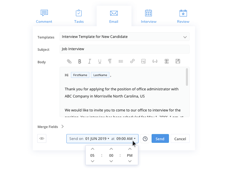 Jobsoid Software - Communicate with your candidates via emails and text messages. You can also save your messages as templates and use them quickly when required. In addition to this, you can also schedule your messages and send them out at a later date and time.