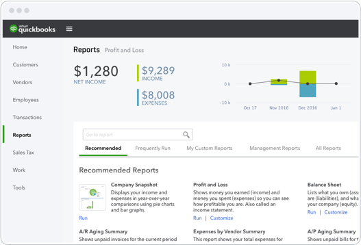 Quickbooks Online Software - Create customized reports or chose from recommended reports