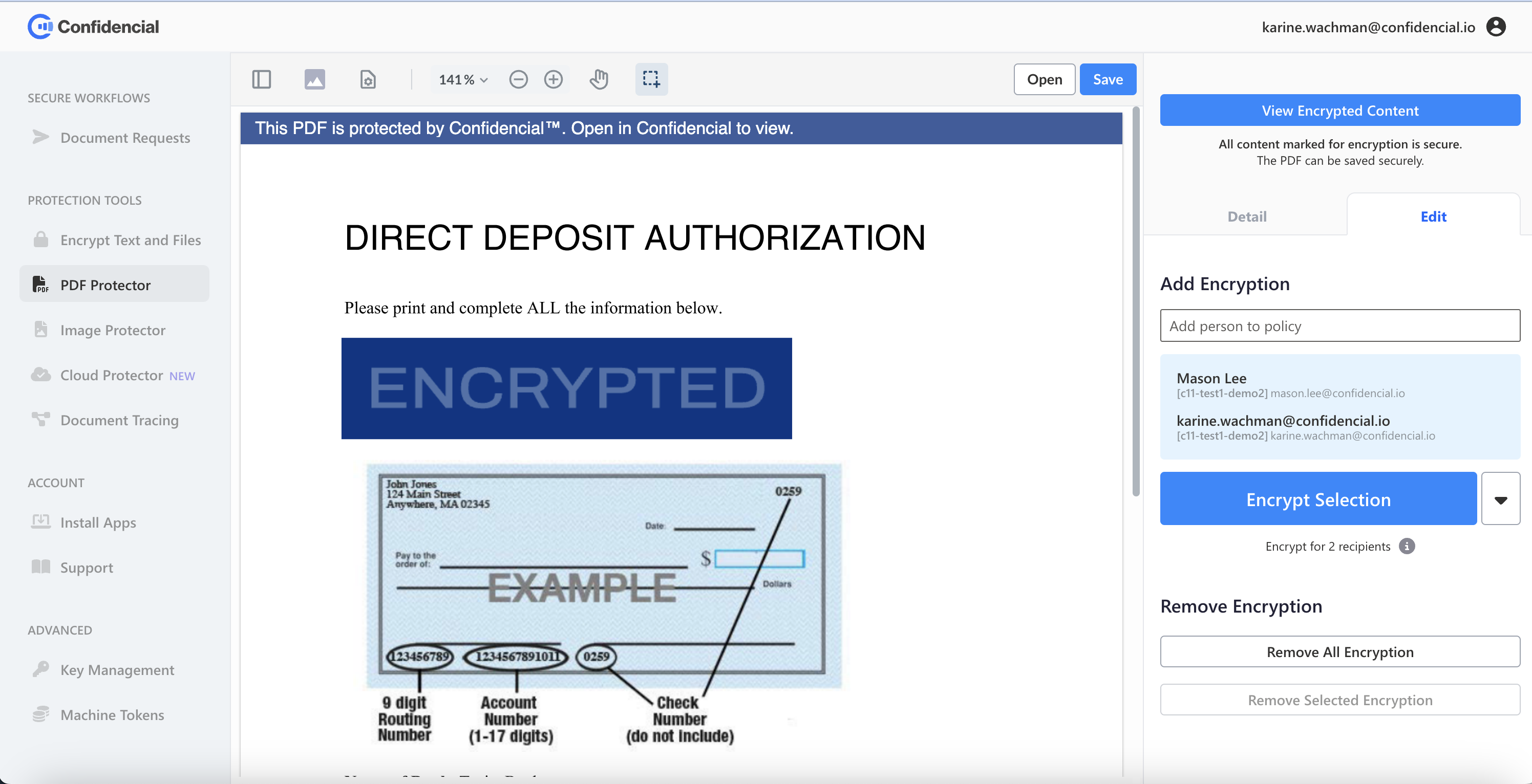 Confidencial screenshot: Selective protection for PDFs, Word, Excel, Images and more: Our patented technology lets you choose exactly what you need to protect and who can access it — down to the word, paragraph, or image inside of a file.