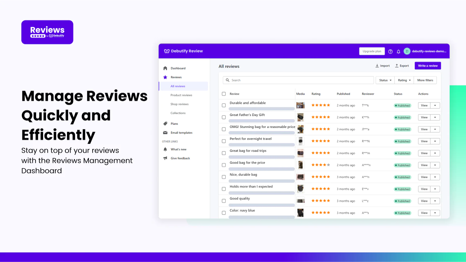 Stay on top of your reviews with the Reviews Management Dashboard.