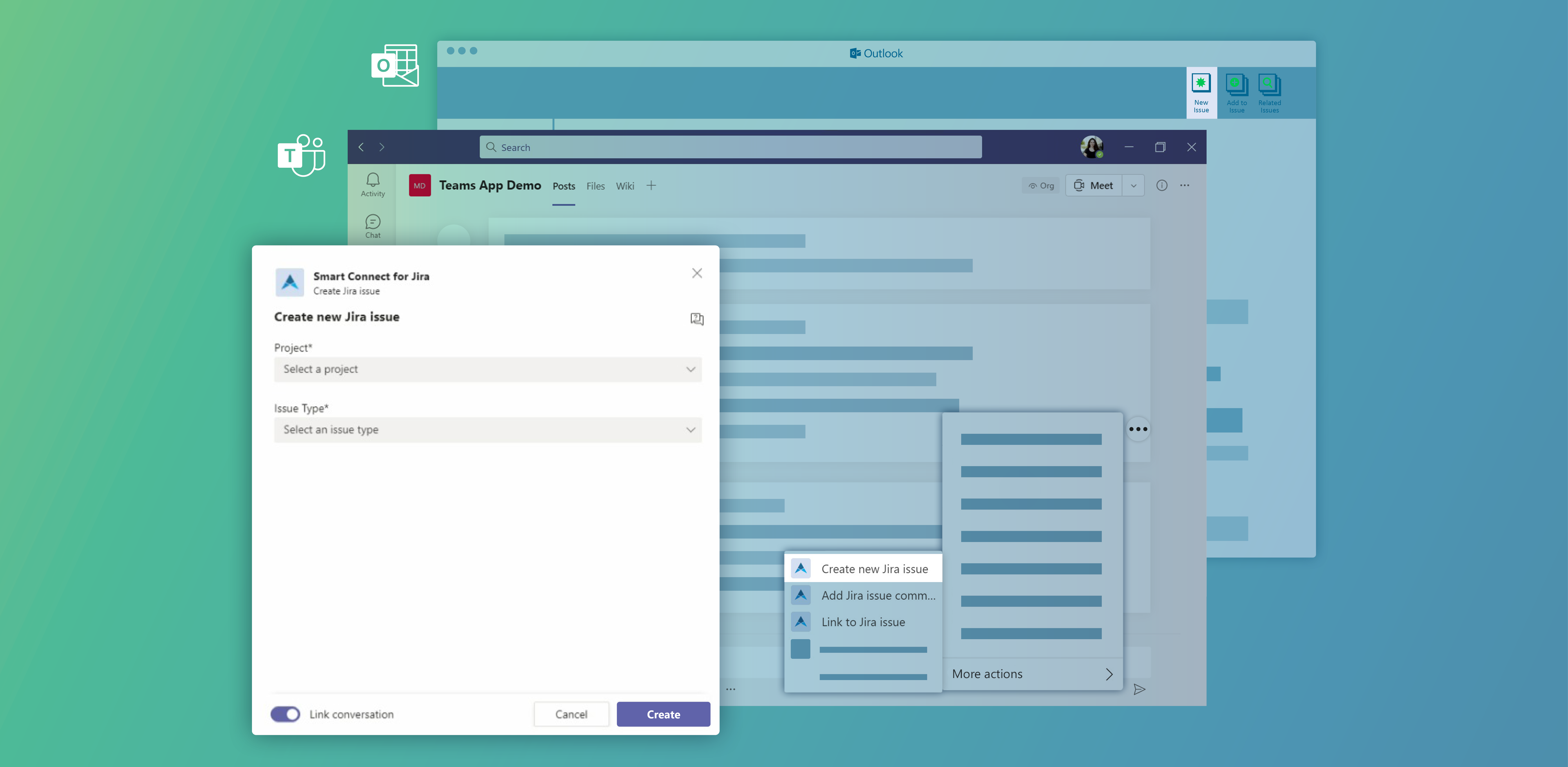 Use Jira features in your Microsoft 365 tools: Access all relevant Jira features with add-ins for Microsoft Outlook and Teams. Create new issues from emails or Microsoft Teams conversations – and access Jira issue information in your Office tools.