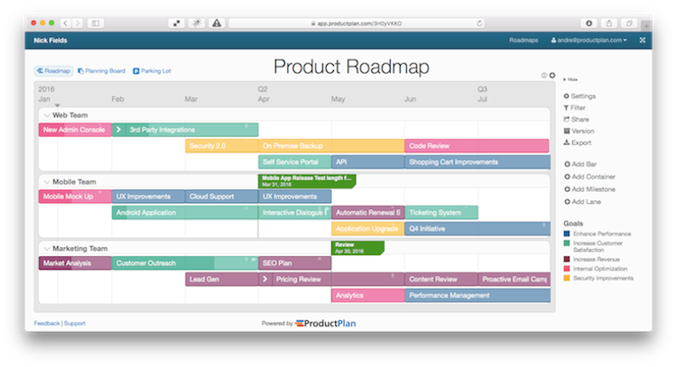 ProductPlan screenshot: Drag & drop bars onto a roadmap and edit them easily