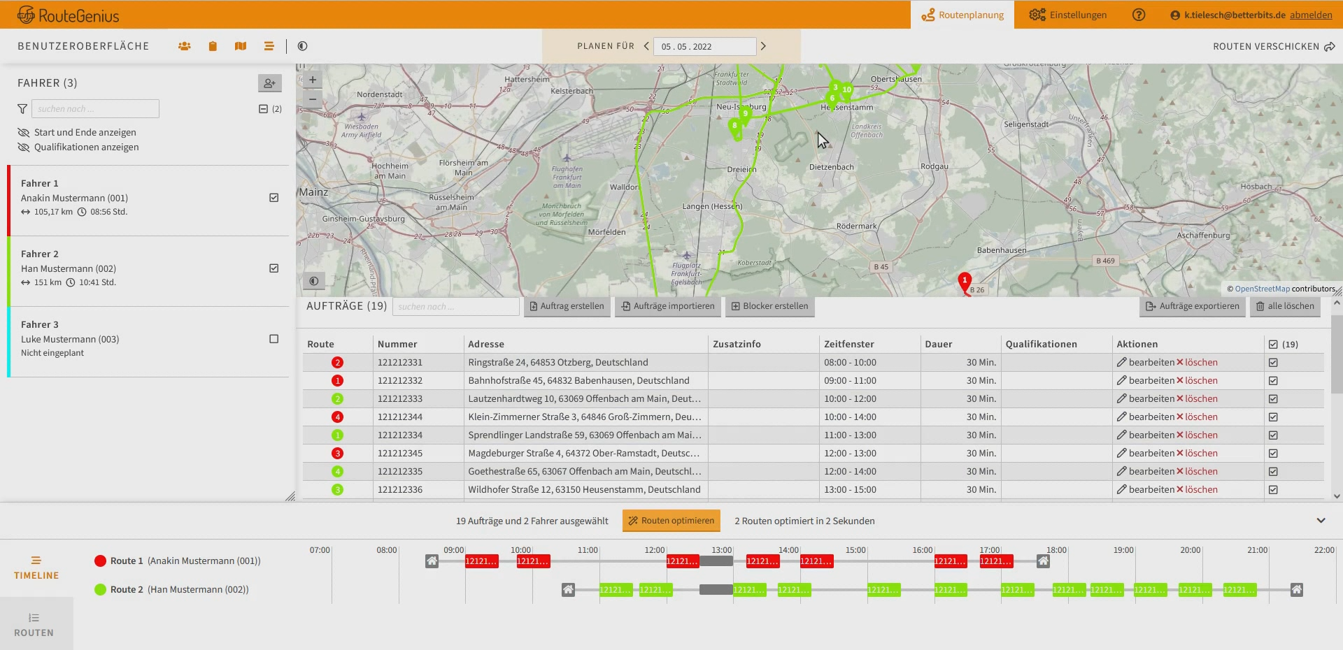 RouteGenius screenshot: RouteGenius plan routes