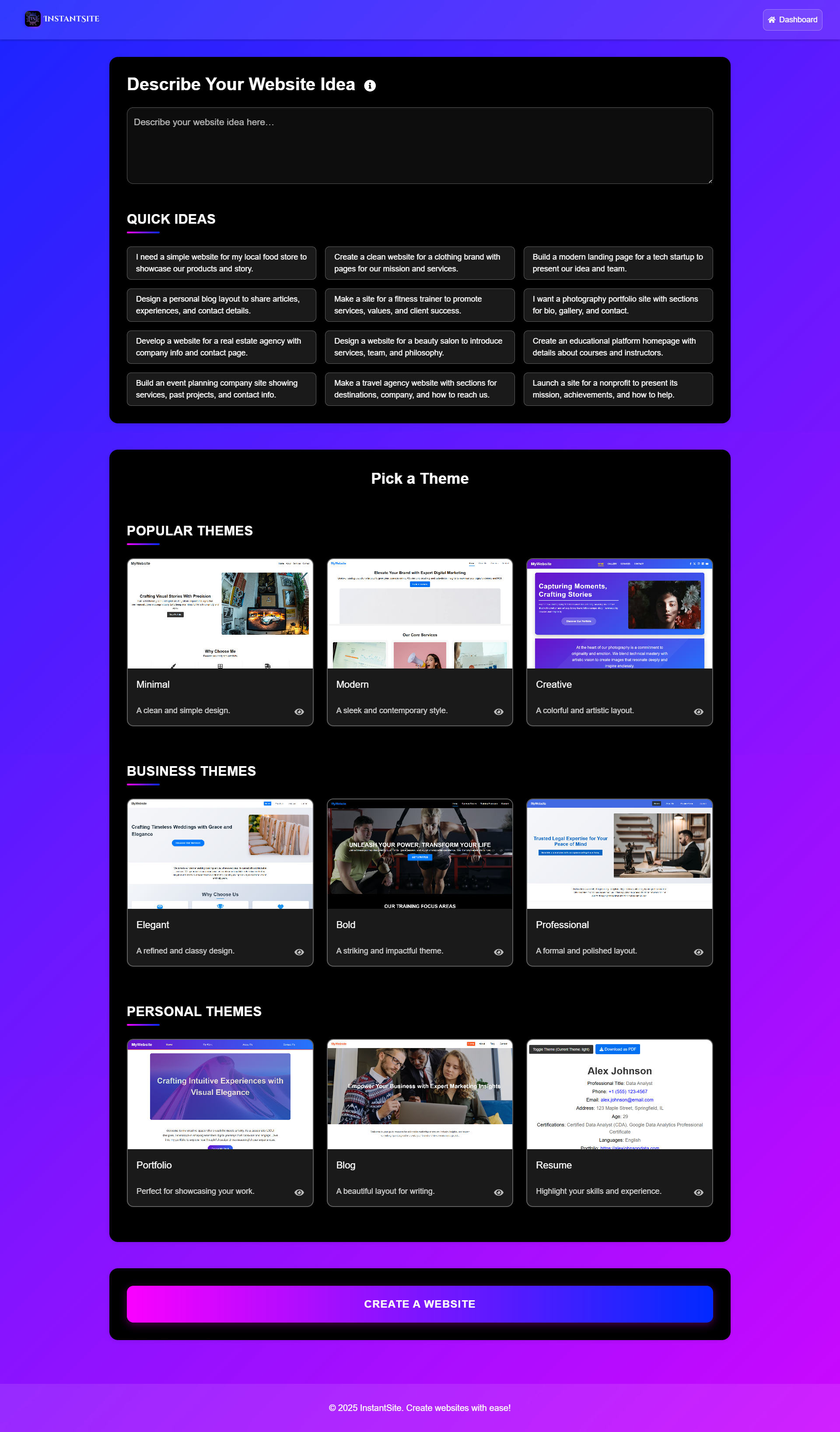 Instantsite screenshot: Instantsite pick a theme