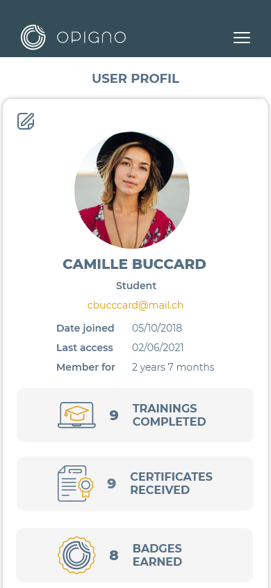 Opigno LMS Software - Opigno® Student Profile Mobile