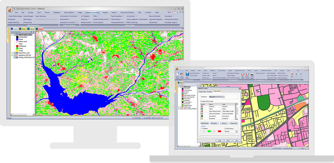 IGiS Desktop screenshot: Next-generation cartographic and visualisation tools for conceptualisation, production, dissemination, and analysis of 2D & 3D maps. It is a 64-bit, Unicode compliant Desktop GIS with an intuitive user interface where data can be viewed in multiple tabs.