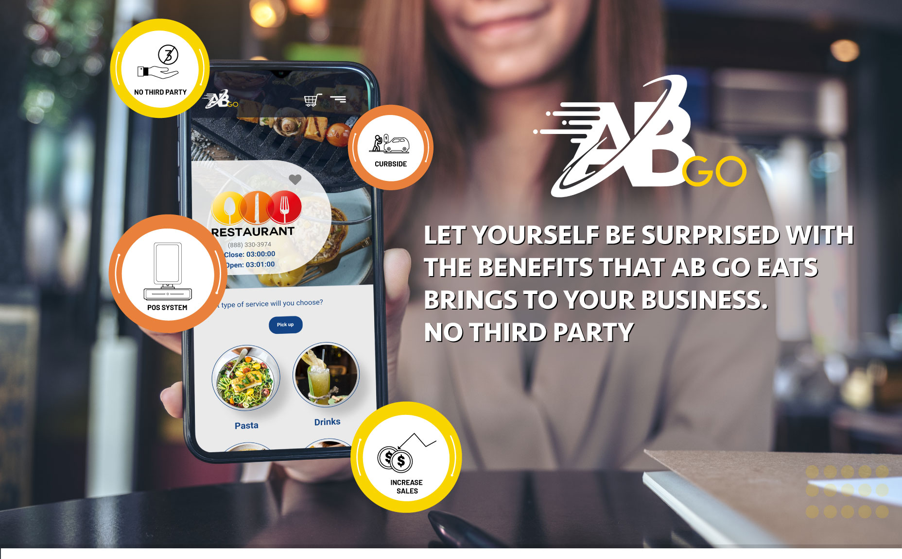 AB GO screenshot: Give customers and staff the space they deserve. Limit in-person contact, increase safety, and improve order accuracy with self-deserve ordering.