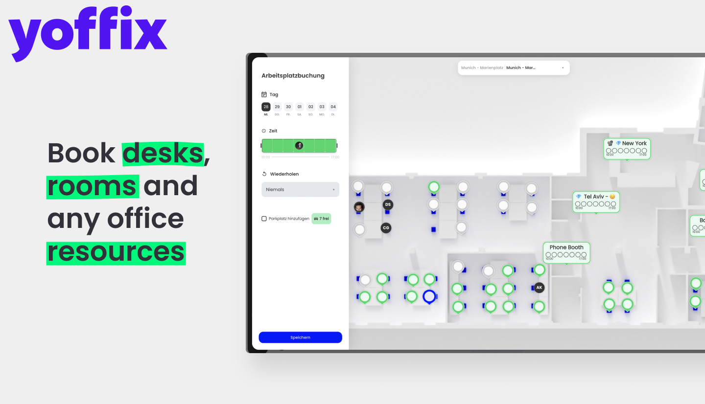 Try best UX for booking of shared office resources - desks, rooms, parking slots, telephone booths or other equipment. Book by hours or days, create recurring and multiple-days bookings. Or add parking slot to your desk booking.