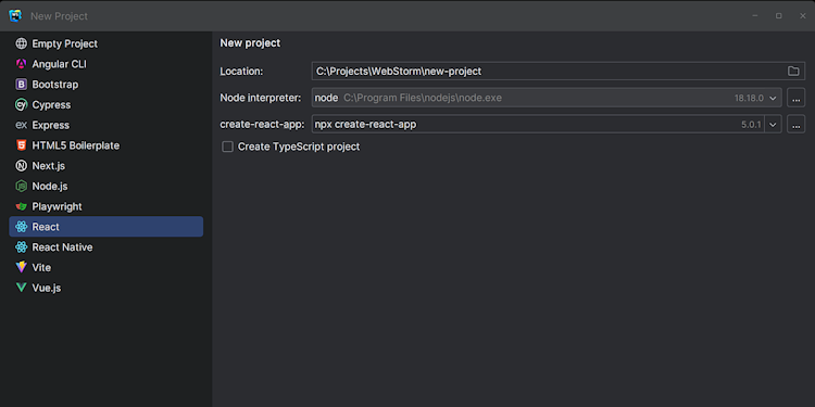 WebStorm screenshot: WebStorm comes with out-of-the-box support for JavaScript, TypeScript, React, React Native, Electron, Vue, Angular, Node.js, HTML, style sheets, and many other technologies. You can get straight to coding, without thinking about installing or maintaining.