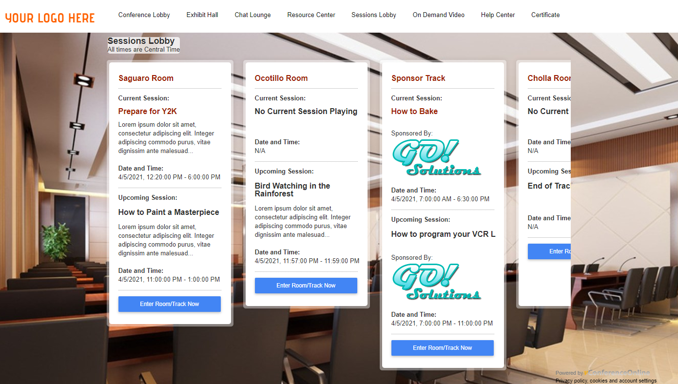 The session boards show the sessions currently live in the various tracks/rooms.  You can have as many simultaneous tracks and rooms as you'd like, names anything you like, and you can have sponsored sessions.-thumb
