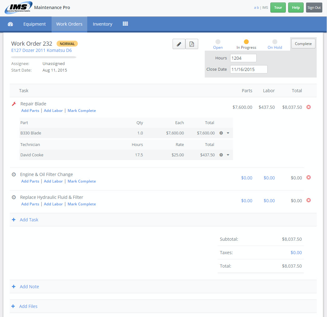 Work orders can be created and assigned to technicians in Maintenance Pro Web