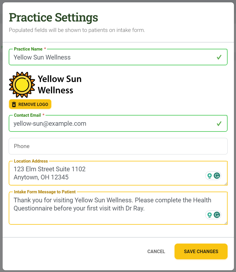 Customize the intake form URL, branding and messaging presented to your patients.