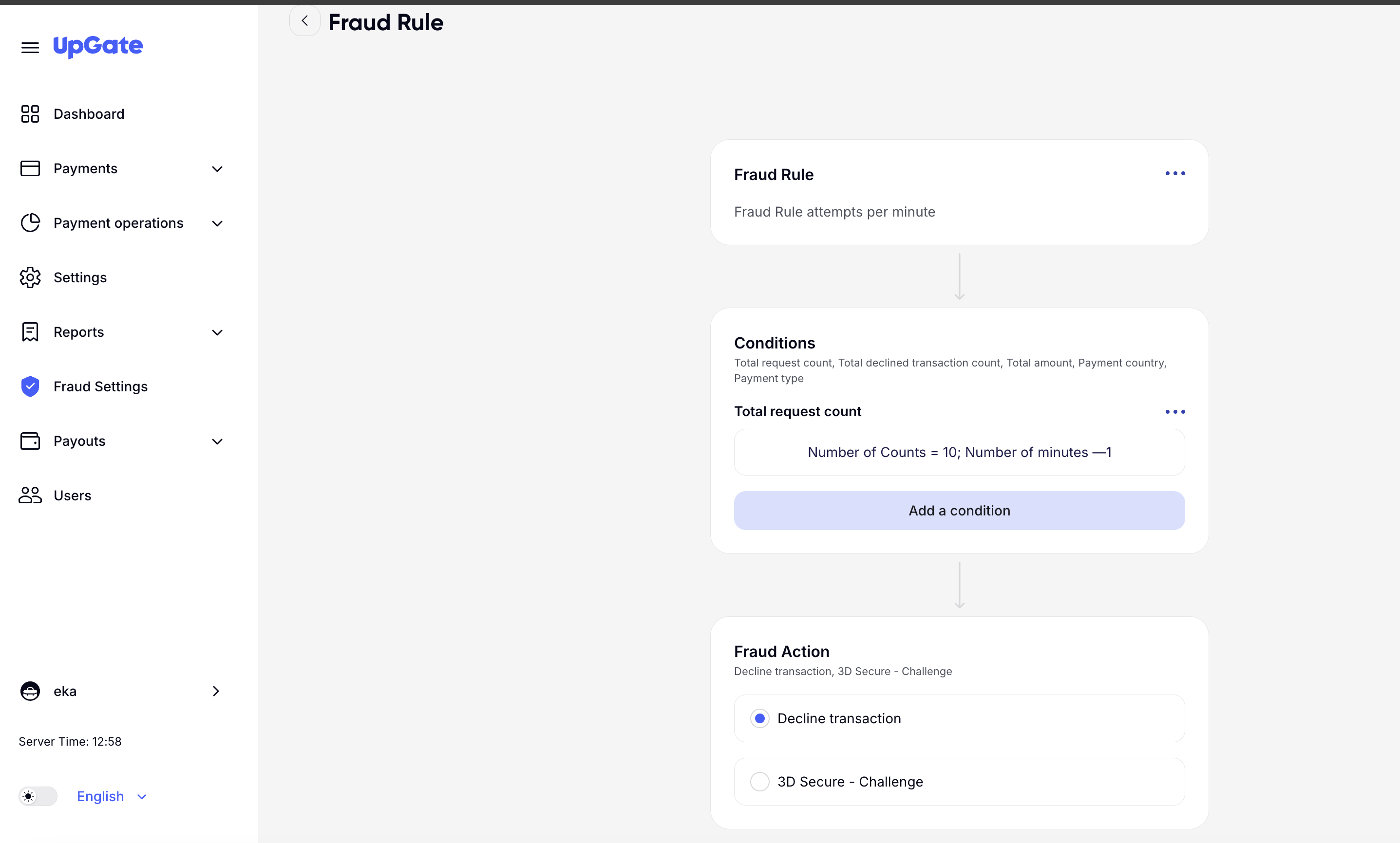 UpGate screenshot: UpGate add fraud rules with conditions and fraud action