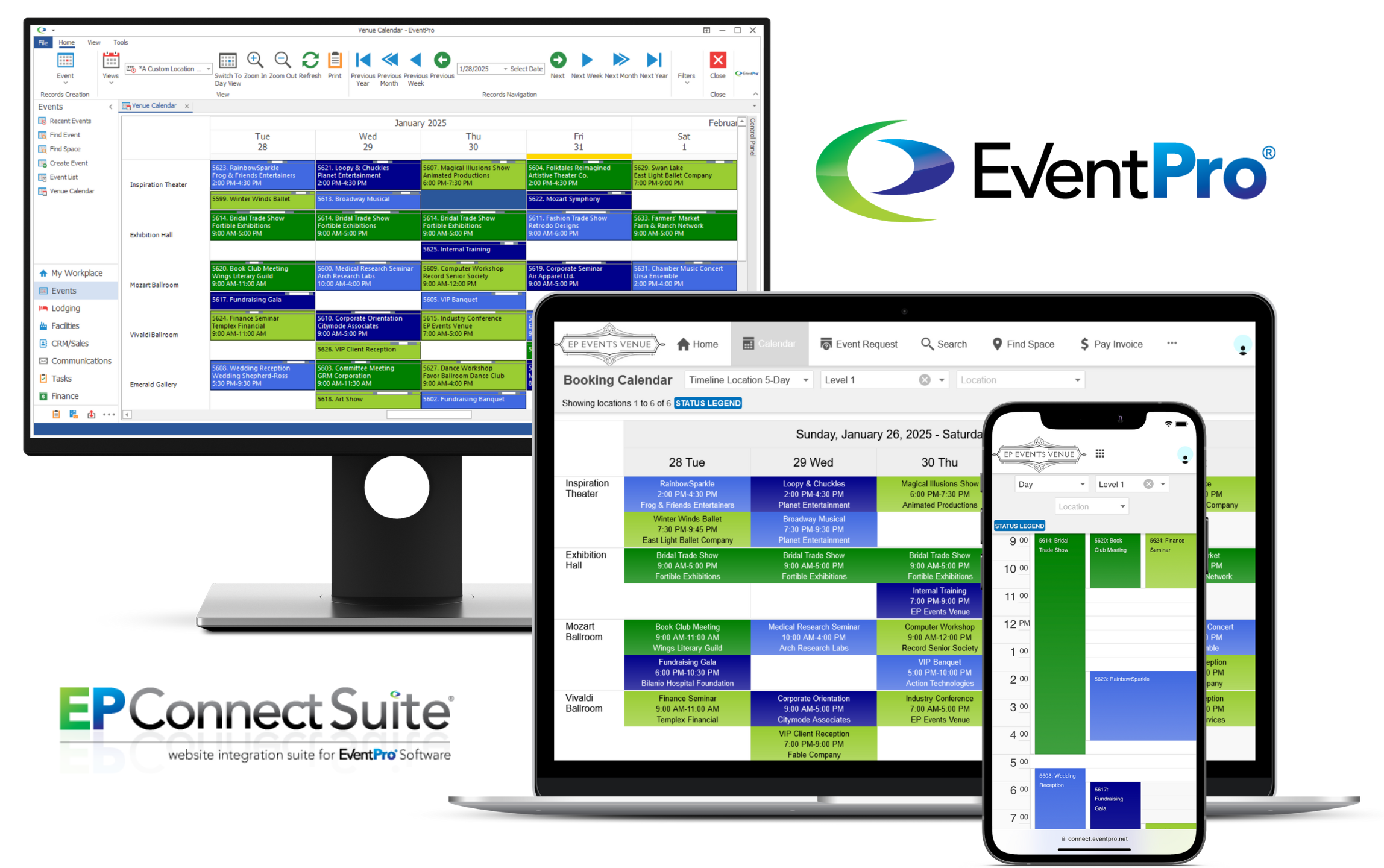 EPConnect Suite (web integration): Connects to your EventPro database for convenient, real-time online access to key components of your choice - event calendar, bookings, inquiries, attendee registrations, exhibitor booth reservations, payments, and more.