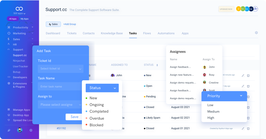 Support.cc Software - Manage your tasks in order to keep on top of deadlines, manage your projects, and copy information for your team. Keep yourself organized and make sure that everyone is on the same page.